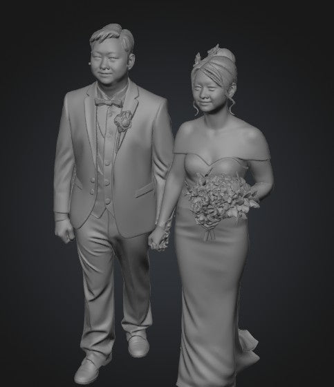 Gray-scale 3D rendering of a couple in formal attire against a black background