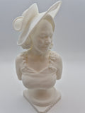 White plastic sculpture of a woman's head on a plain background